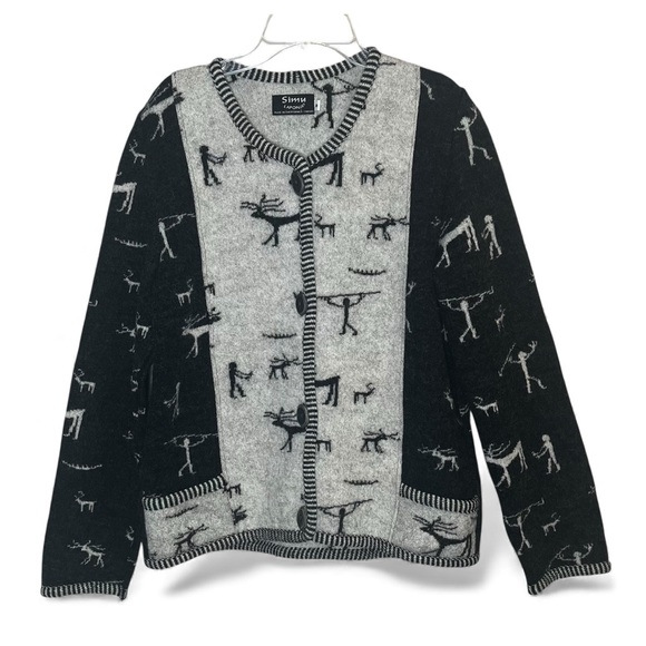 Simu Laponia Wool Sweater Nordic Reindeer Print Cardigan Sz M